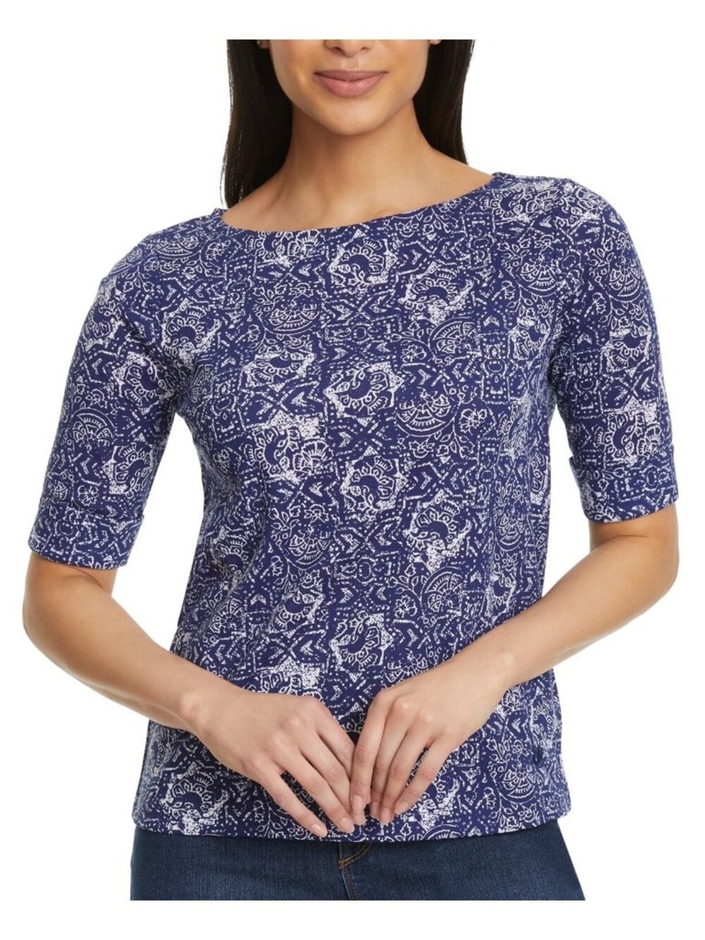 Gloria Vanderbilt Women's Alanis Boat Neck Elbow-Sleeve T-Shirt Blue Size XS